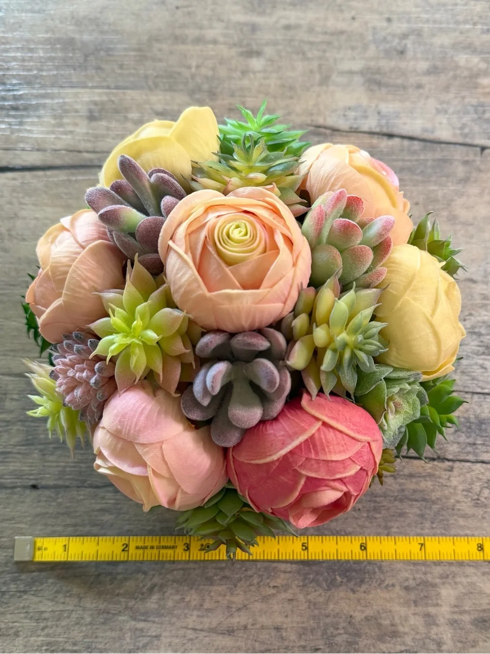 Handcrafted Faux Succulent and Ranunculi Arrangement in Wooden Bowl (Glass Dome)